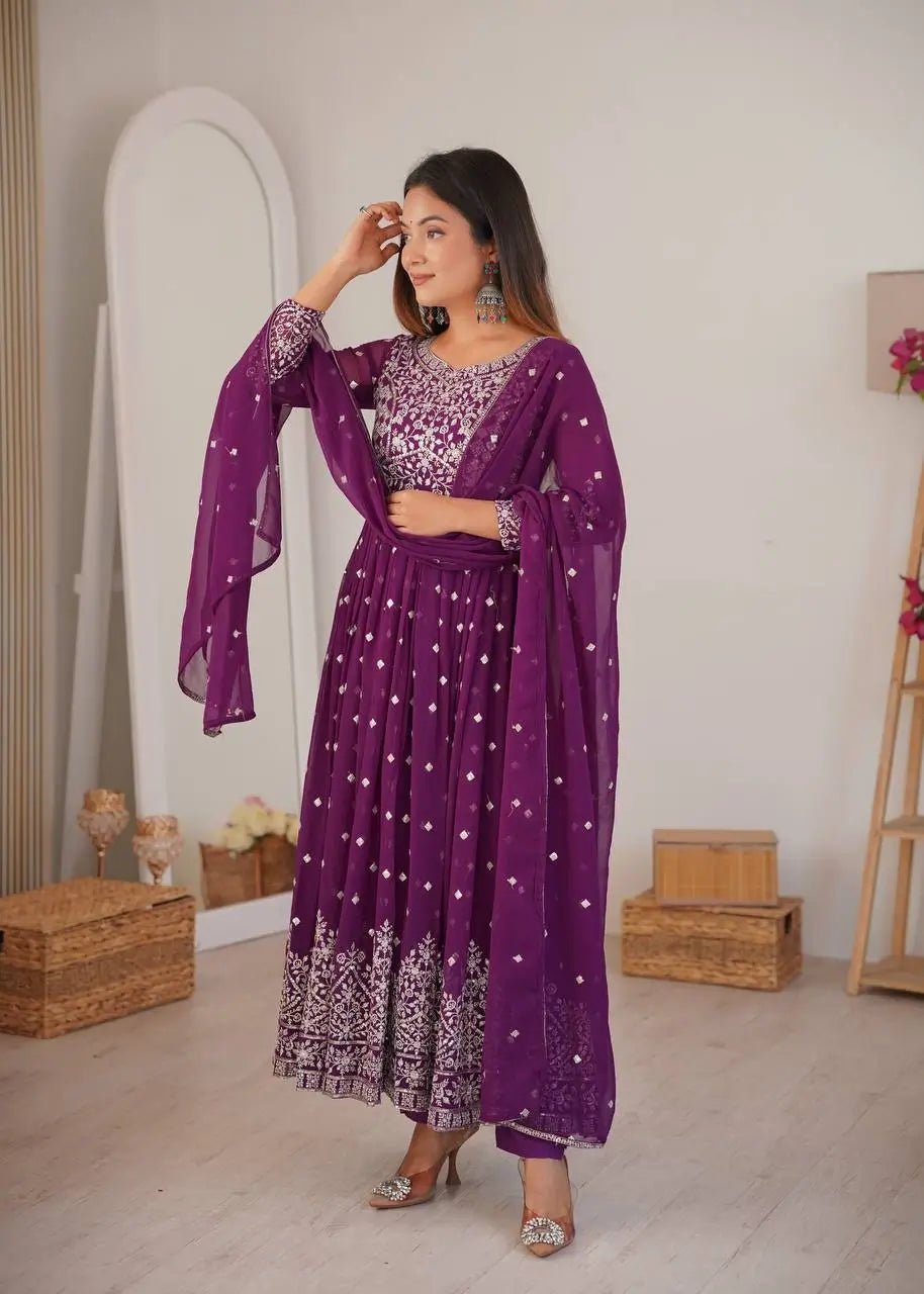 Purple Faux Georgette Anarkali Set with Sequin Thread Embroidery and Dupatta
