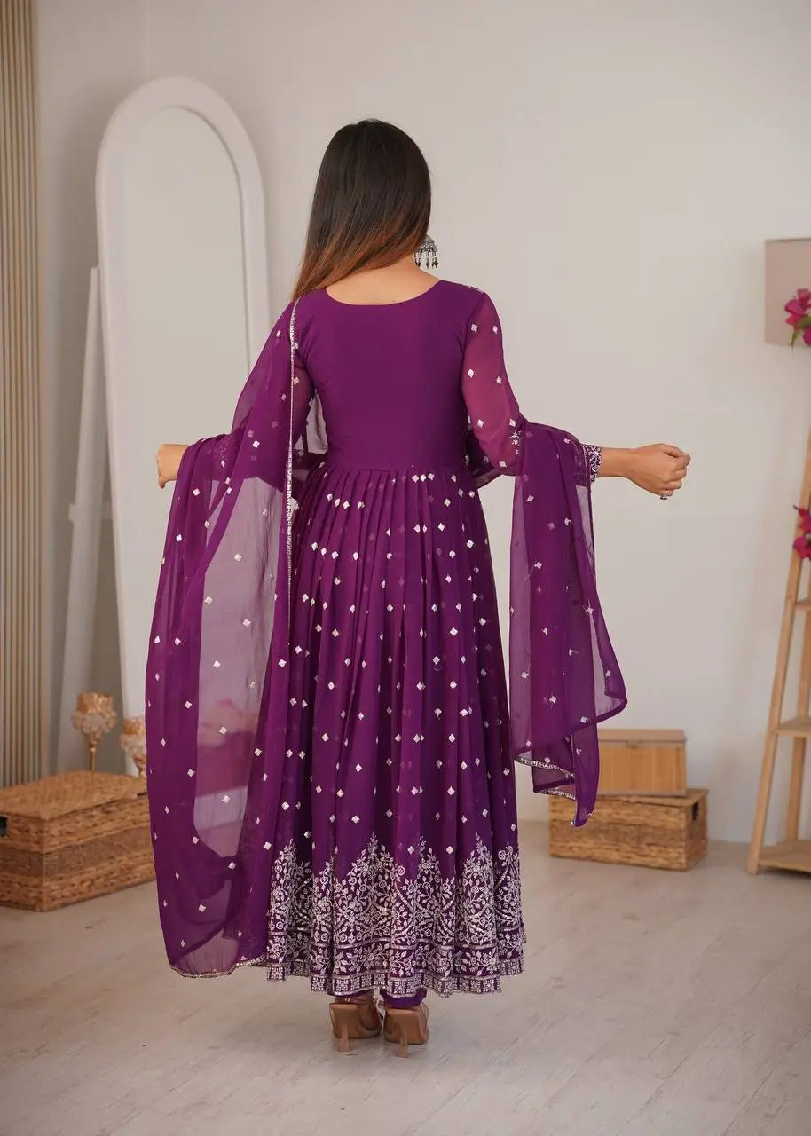 Purple Faux Georgette Anarkali Set with Sequin Thread Embroidery and Dupatta