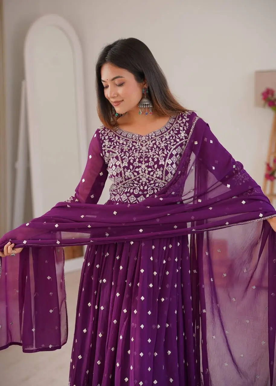 Purple Faux Georgette Anarkali Set with Sequin Thread Embroidery and Dupatta