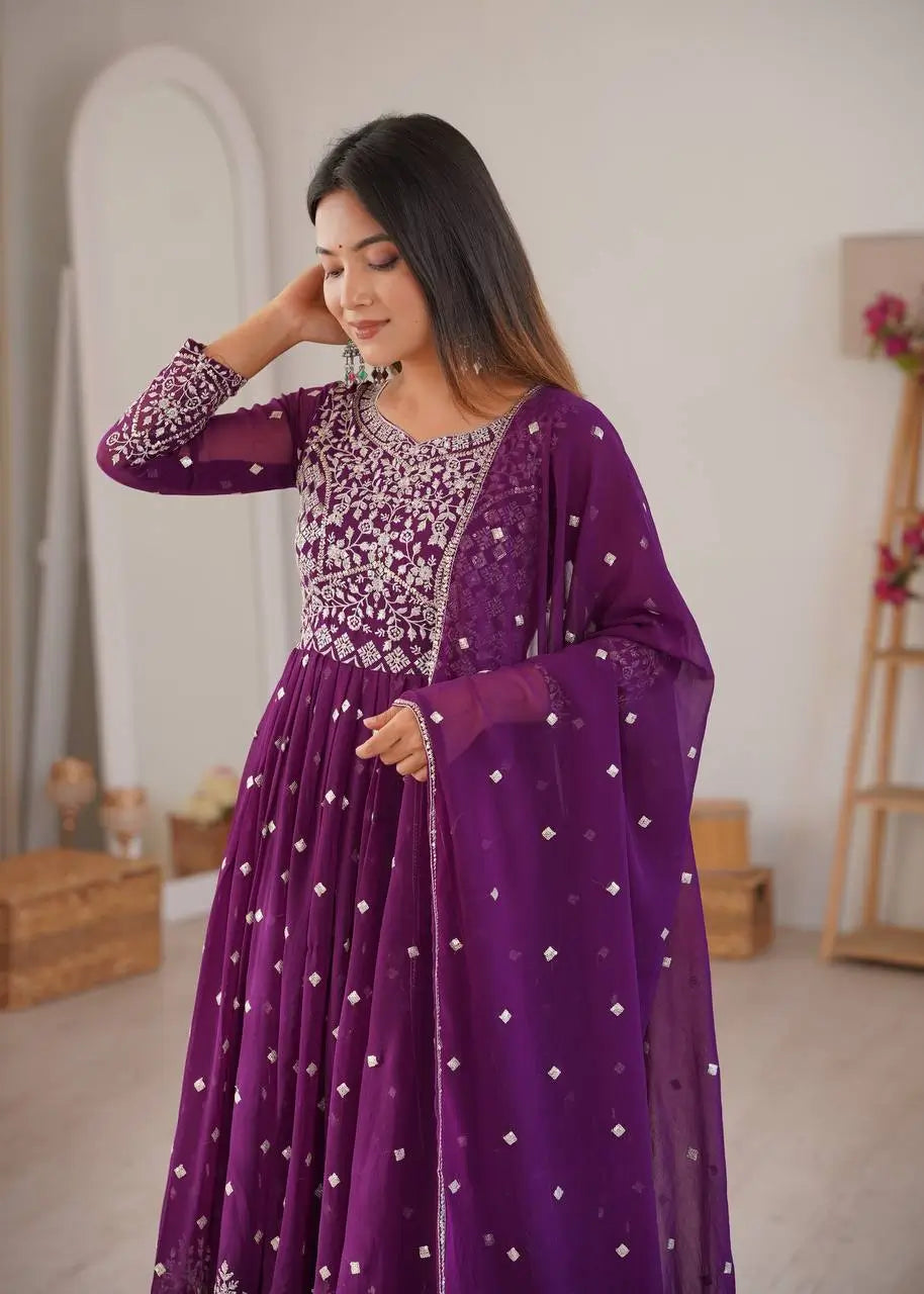 Purple Faux Georgette Anarkali Set with Sequin Thread Embroidery and Dupatta