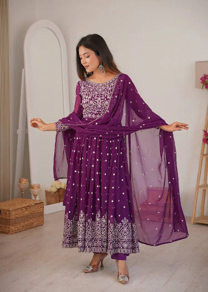 Purple Faux Georgette Anarkali Set with Sequin Thread Embroidery and Dupatta