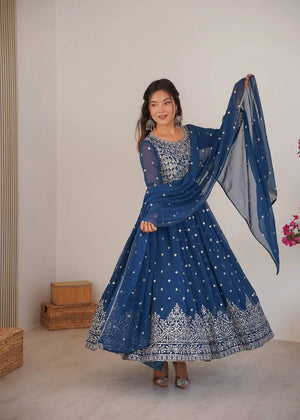 Purple Faux Georgette Anarkali Set with Sequin Thread Embroidery and Dupatta