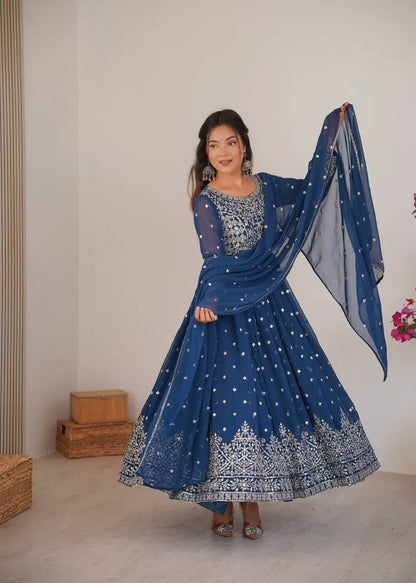 Purple Faux Georgette Anarkali Set with Sequin Thread Embroidery and Dupatta
