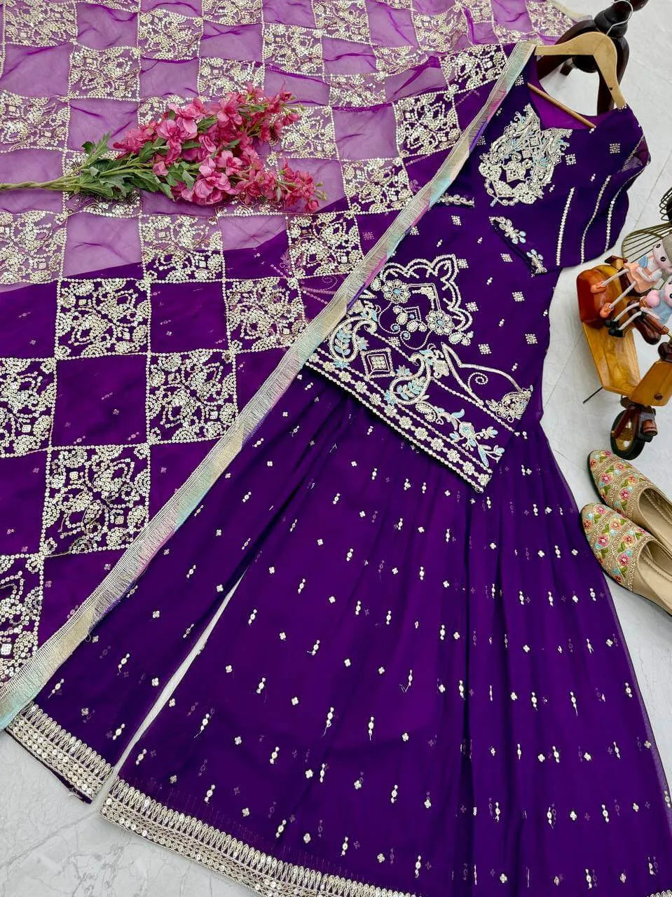 Purple Fox Georgette Palazzo Suit with Organza Dupatta | Sequin Embroidery Work