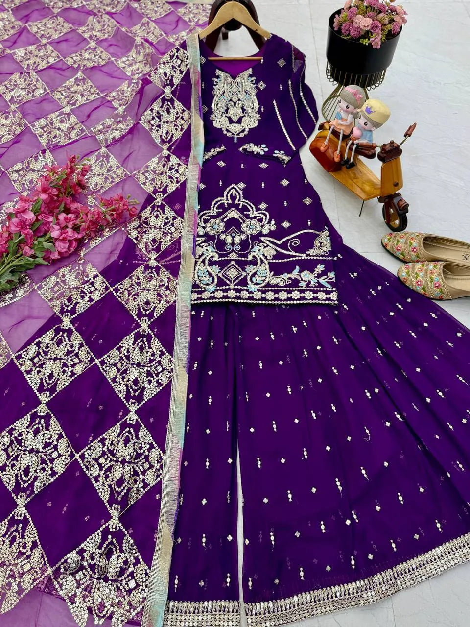 Purple Fox Georgette Palazzo Suit with Organza Dupatta | Sequin Embroidery Work