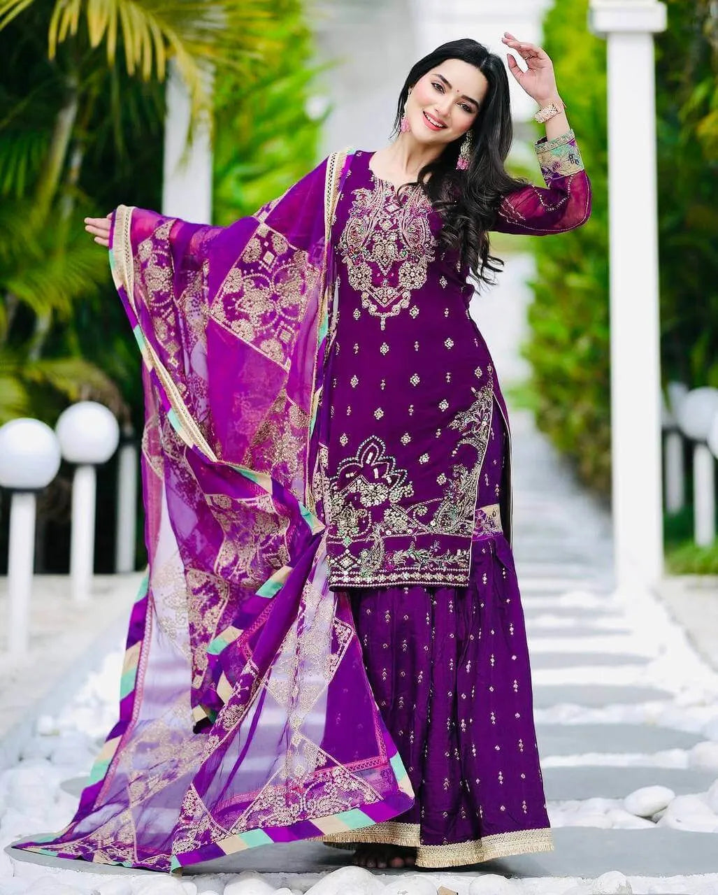 Purple Fox Georgette Palazzo Suit with Organza Dupatta | Sequin Embroidery Work