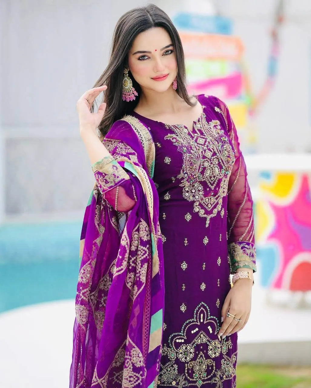 Purple Fox Georgette Palazzo Suit with Organza Dupatta | Sequin Embroidery Work