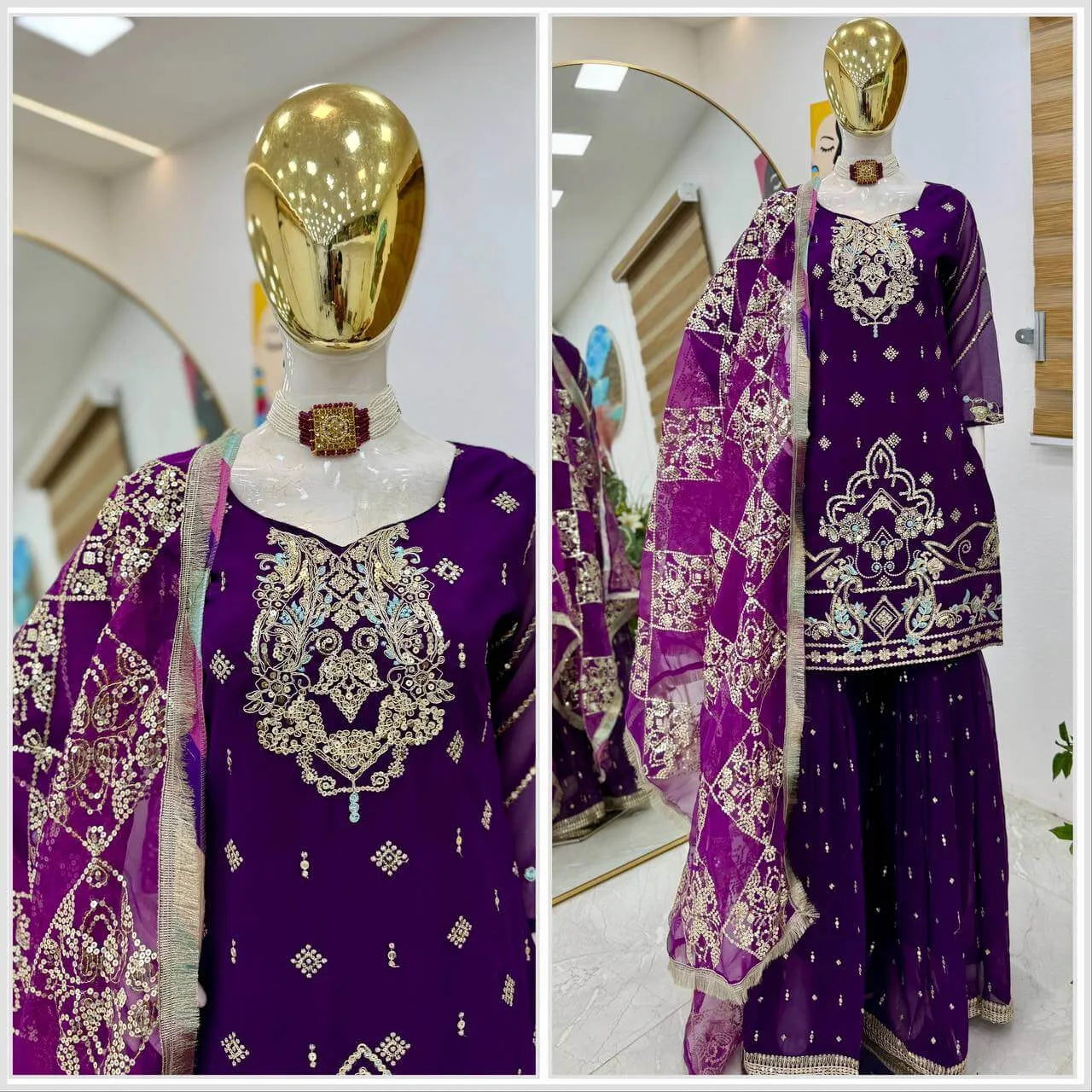 Purple Fox Georgette Palazzo Suit with Organza Dupatta | Sequin Embroidery Work