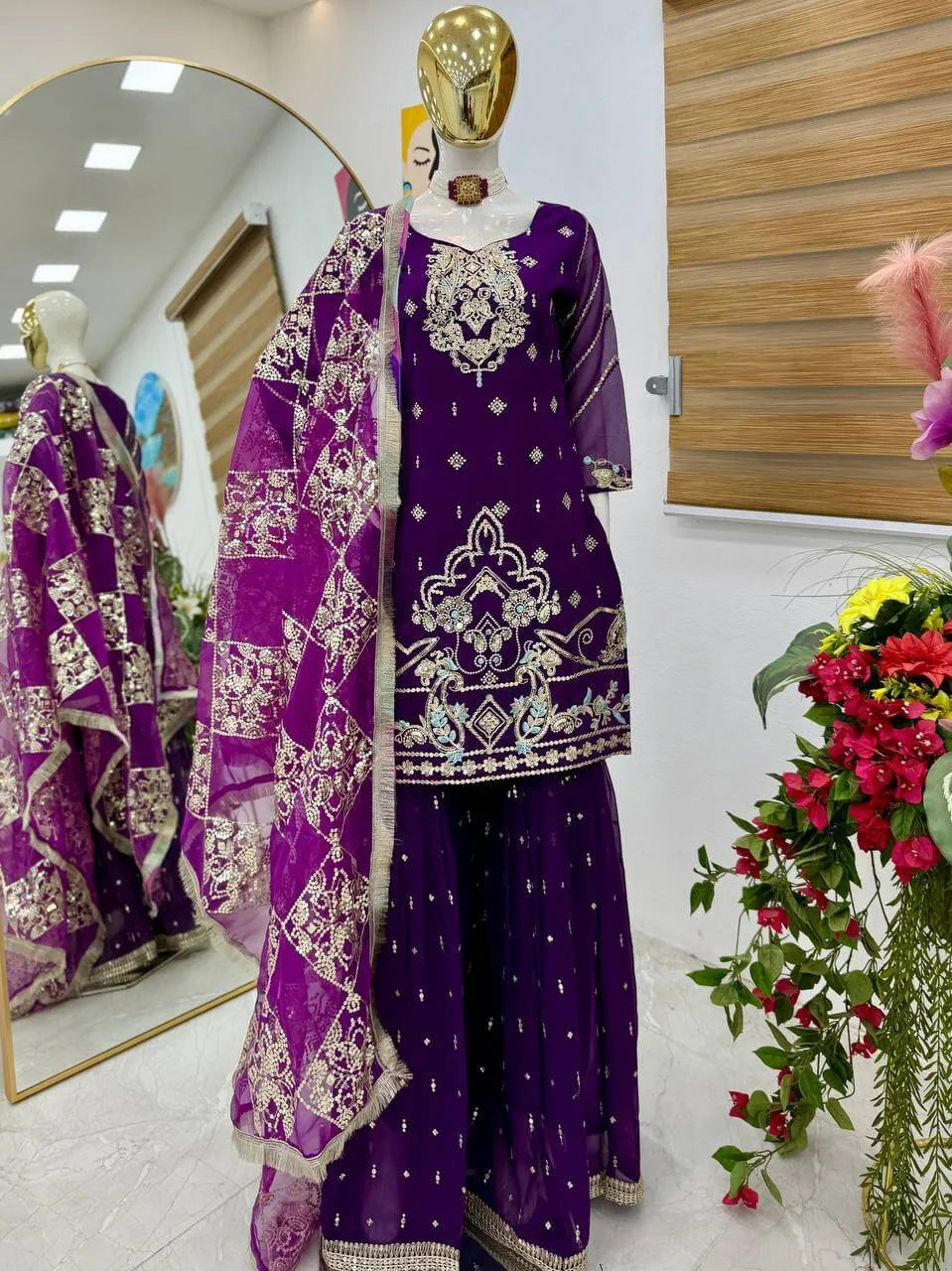 Purple Fox Georgette Palazzo Suit with Organza Dupatta | Sequin Embroidery Work