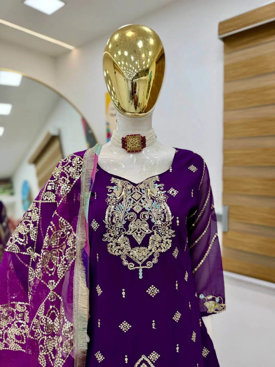 Purple Fox Georgette Palazzo Suit with Organza Dupatta | Sequin Embroidery Work