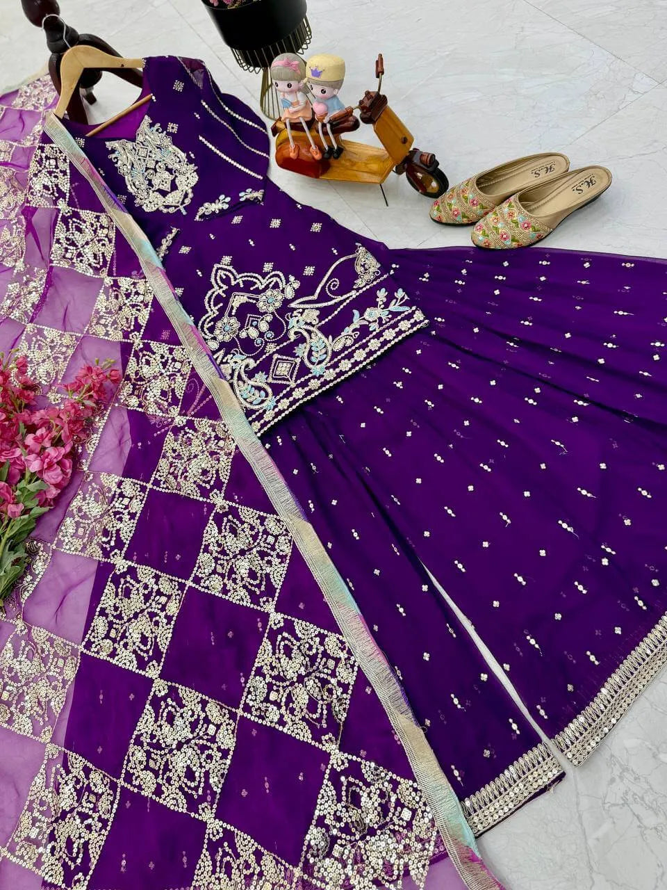 Purple Fox Georgette Palazzo Suit with Organza Dupatta | Sequin Embroidery Work
