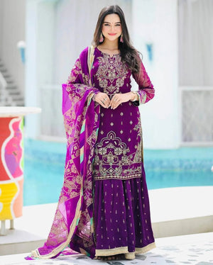 Purple Fox Georgette Palazzo Suit with Organza Dupatta | Sequin Embroidery Work