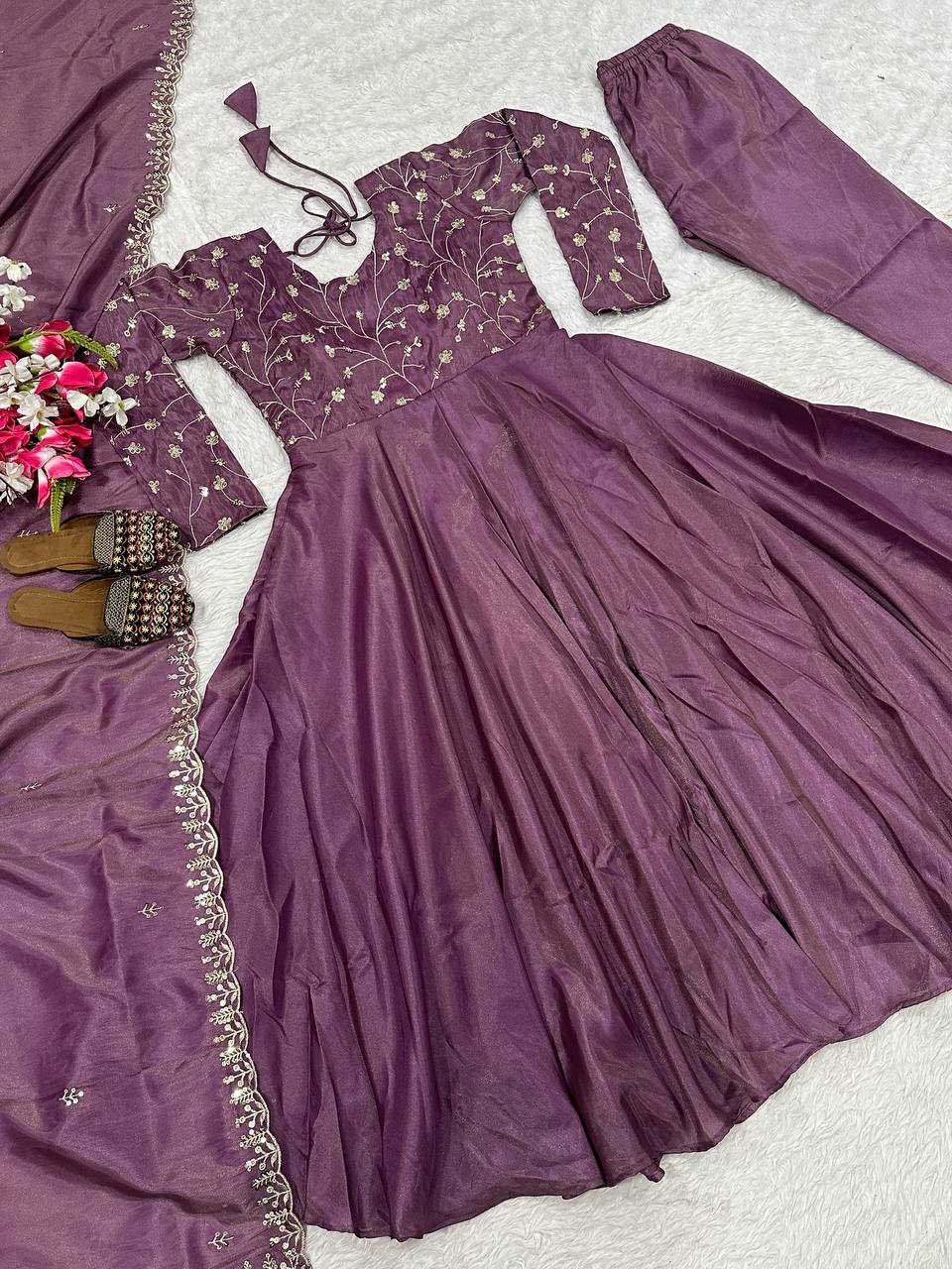 Purple Heavy Cosmos Silk Embroidered Sequin Anarkali Suit Set with Dupatta | Wedding Party Wear