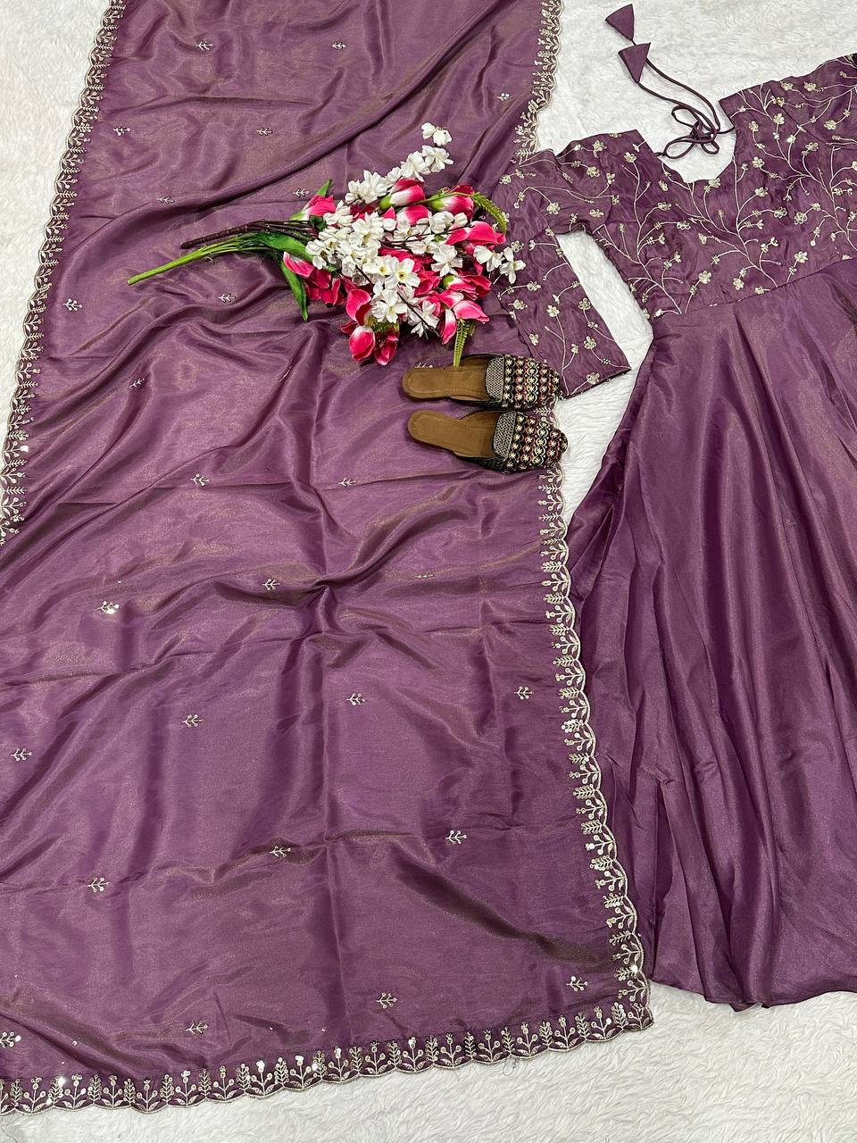 Purple Heavy Cosmos Silk Embroidered Sequin Anarkali Suit Set with Dupatta | Wedding Party Wear