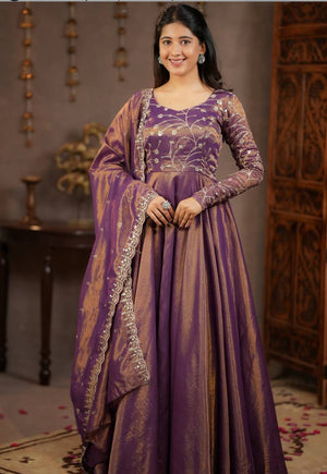Purple Heavy Cosmos Silk Embroidered Sequin Anarkali Suit Set with Dupatta | Wedding Party Wear