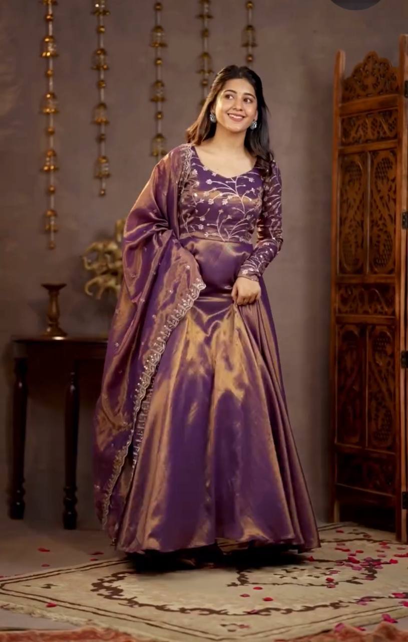 Purple Heavy Cosmos Silk Embroidered Sequin Anarkali Suit Set with Dupatta | Wedding Party Wear