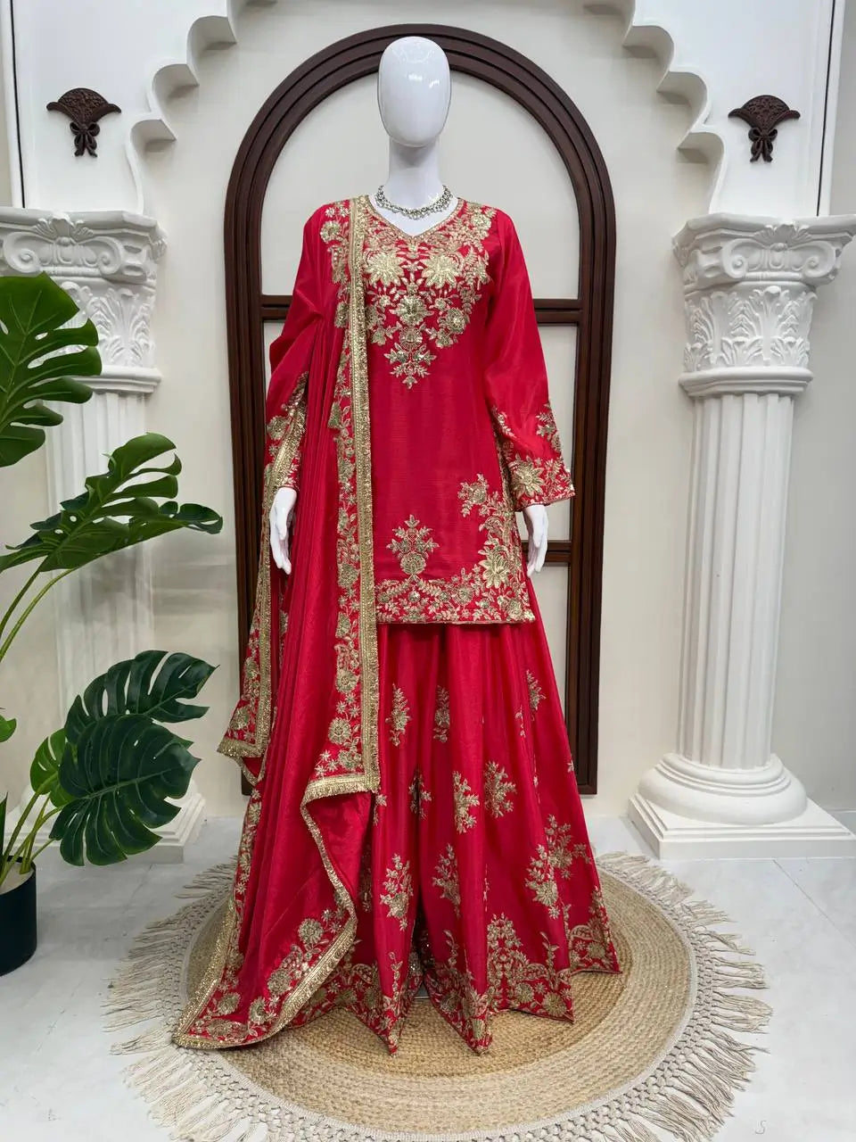 Purple-Pink Chinon Silk Kurta Palazzo Set with Dupatta