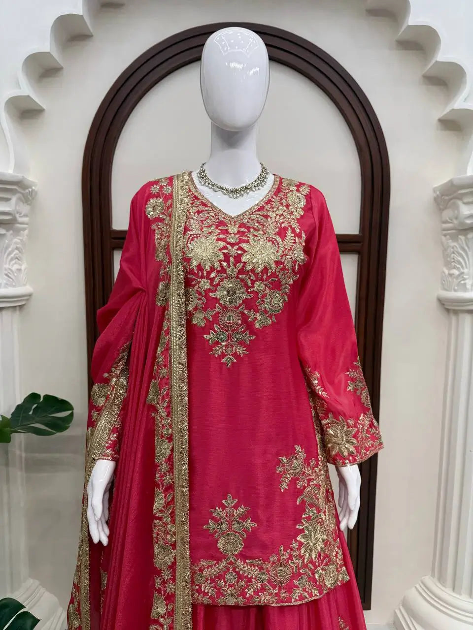 Purple-Pink Chinon Silk Kurta Palazzo Set with Dupatta