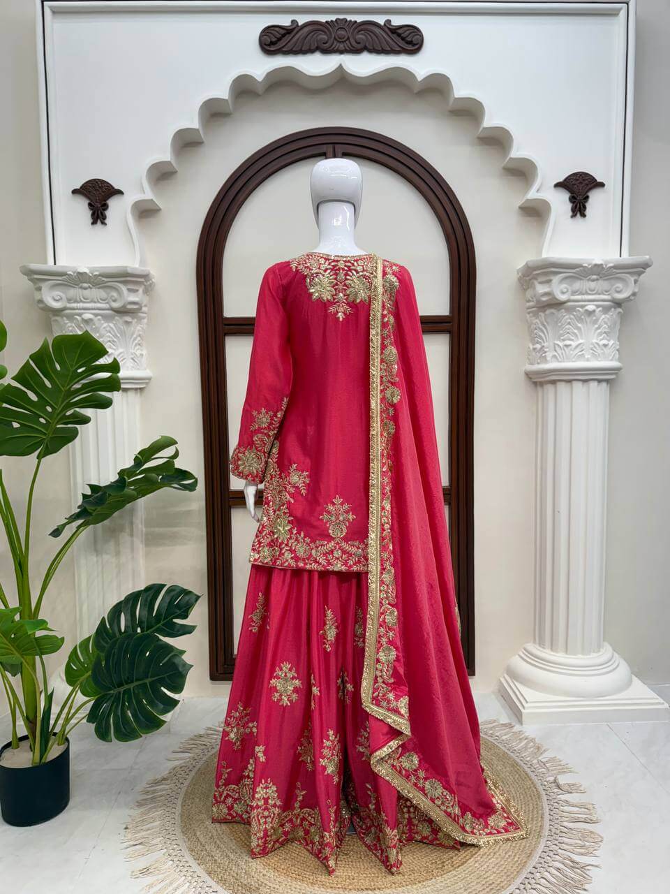 Purple-Pink Chinon Silk Kurta Palazzo Set with Dupatta