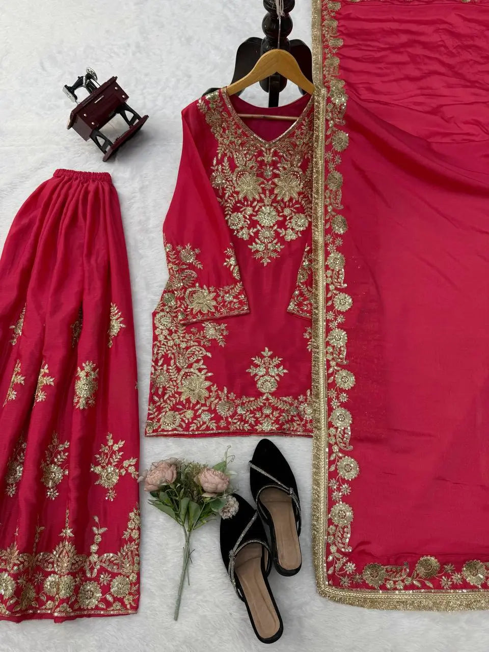 Purple-Pink Chinon Silk Kurta Palazzo Set with Dupatta