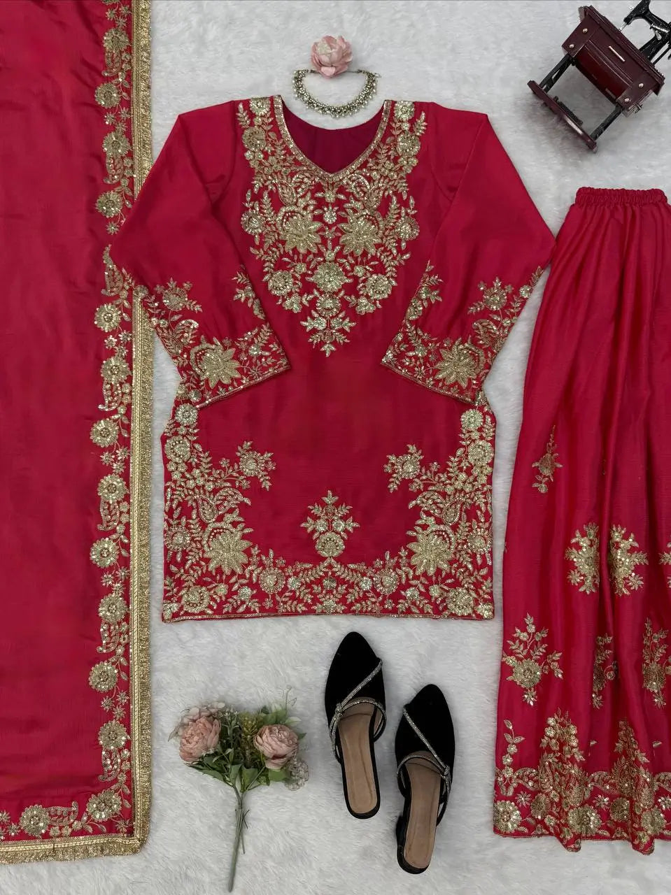Purple-Pink Chinon Silk Kurta Palazzo Set with Dupatta
