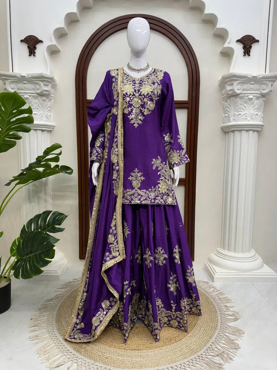 Purple-Pink Chinon Silk Kurta Palazzo Set with Dupatta