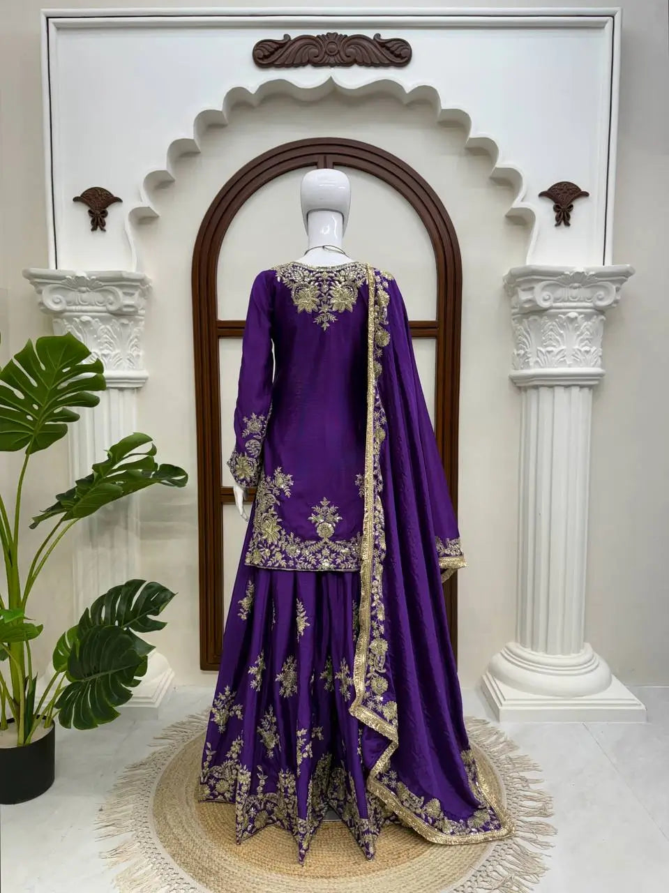 Purple-Pink Chinon Silk Kurta Palazzo Set with Dupatta