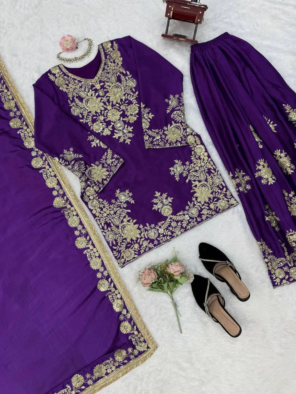 Purple-Pink Chinon Silk Kurta Palazzo Set with Dupatta