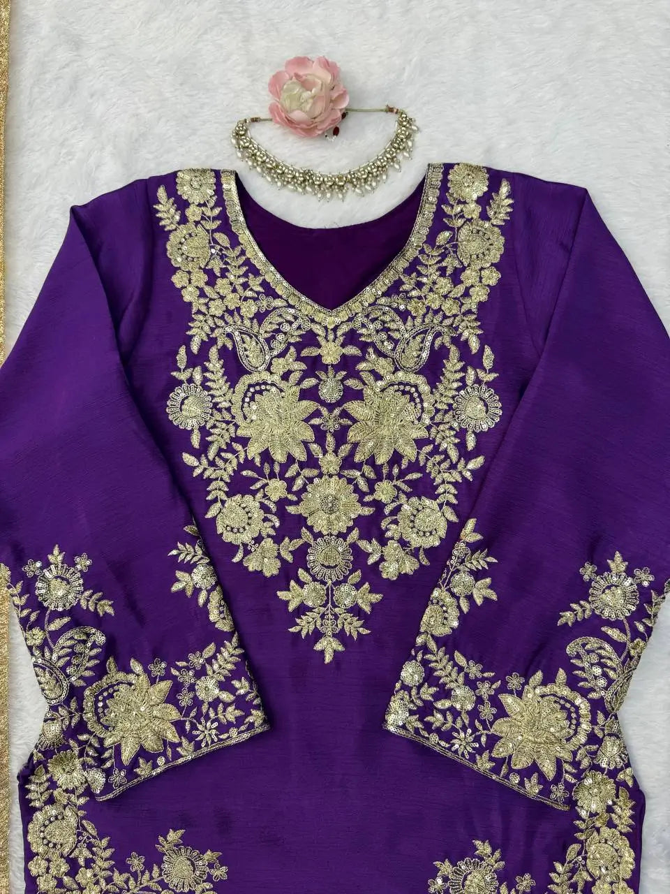 Purple-Pink Chinon Silk Kurta Palazzo Set with Dupatta