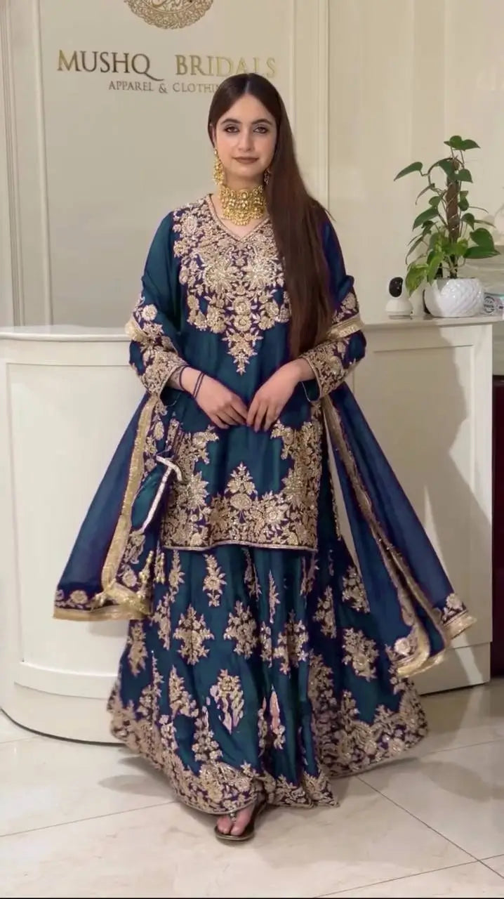 Purple-Pink Chinon Silk Kurta Palazzo Set with Dupatta