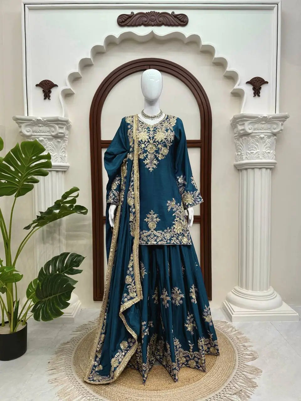 Purple-Pink Chinon Silk Kurta Palazzo Set with Dupatta