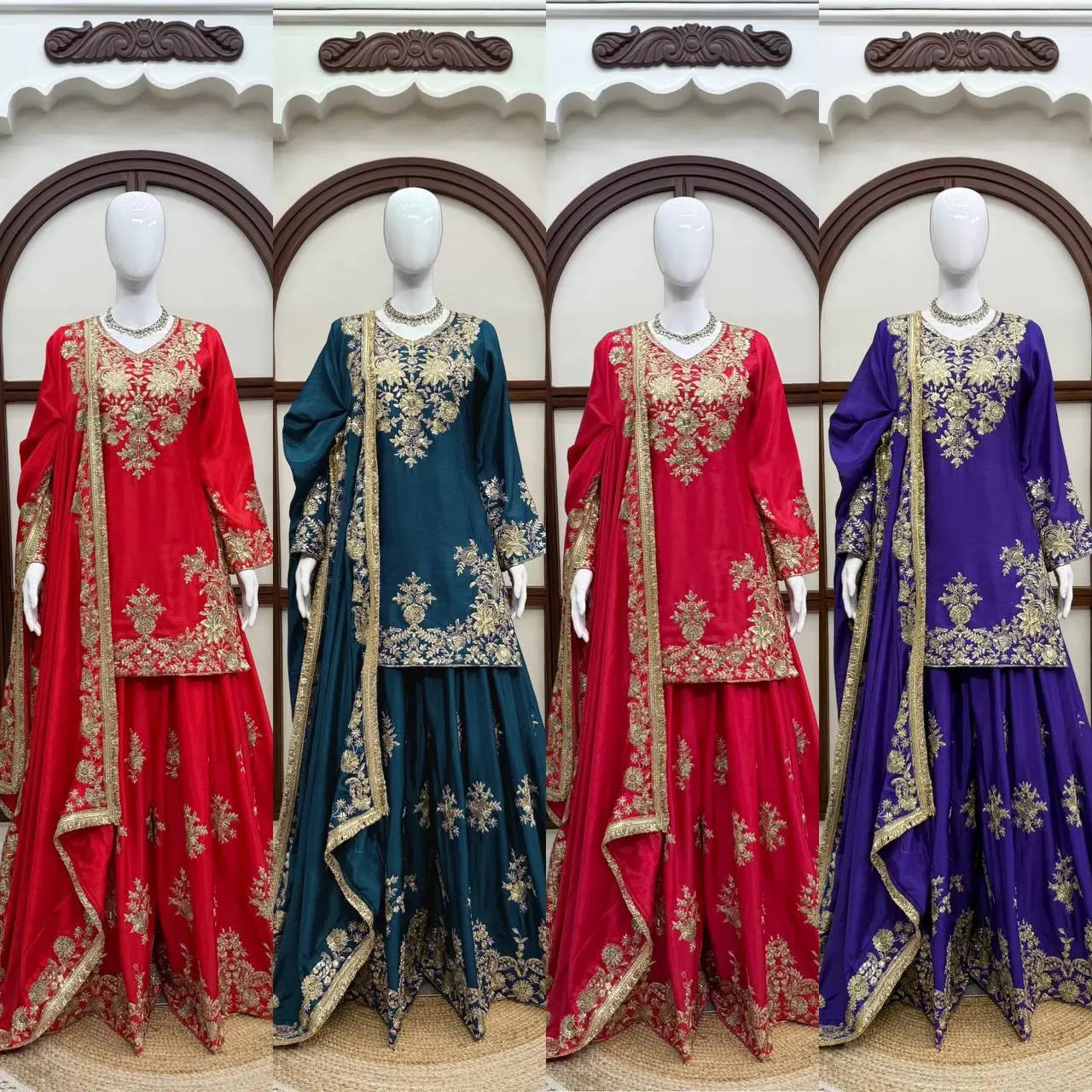 Purple-Pink Chinon Silk Kurta Palazzo Set with Dupatta