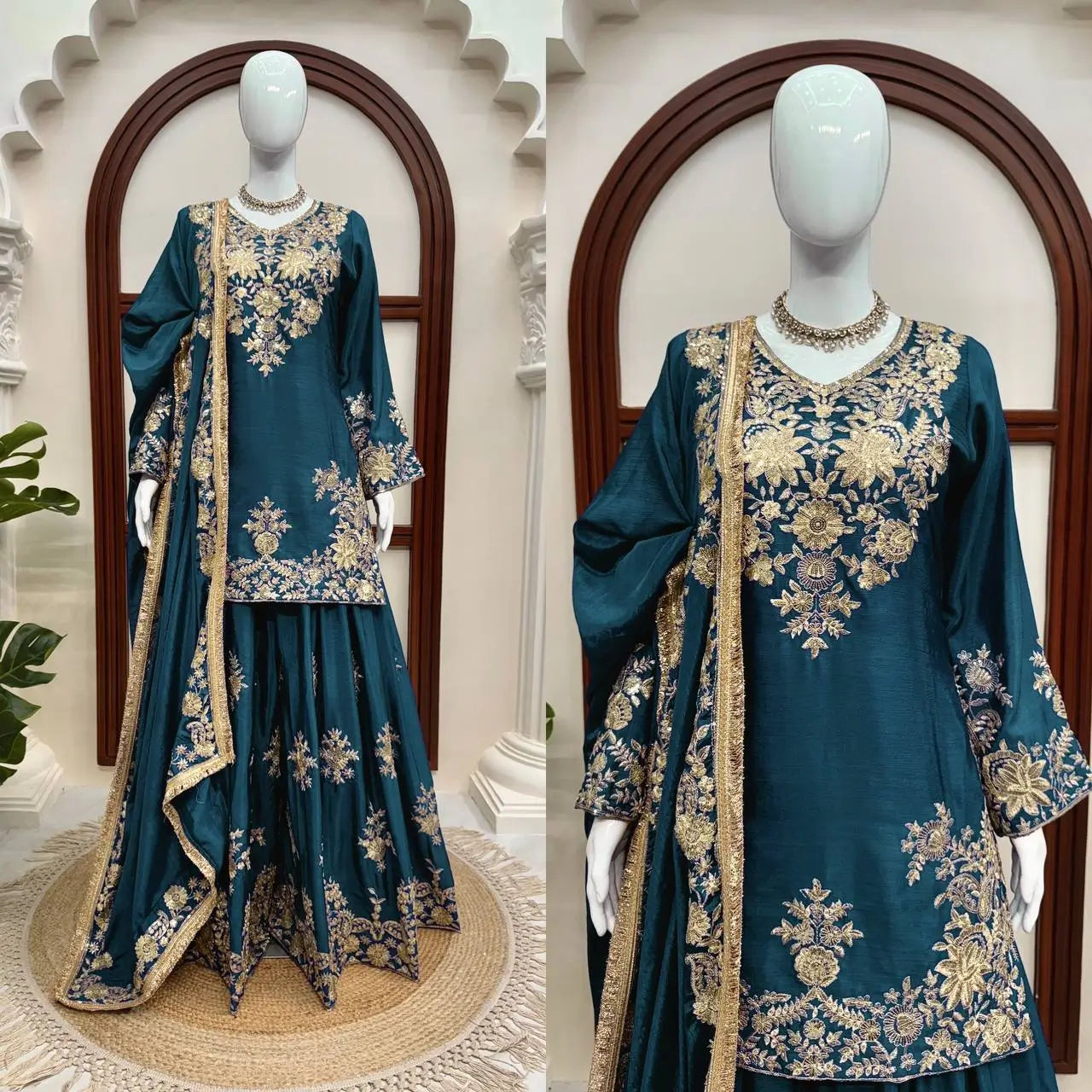Purple-Pink Chinon Silk Kurta Palazzo Set with Dupatta