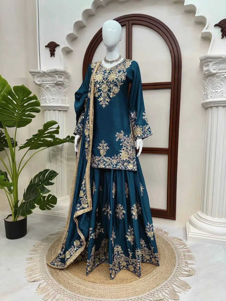 Purple-Pink Chinon Silk Kurta Palazzo Set with Dupatta