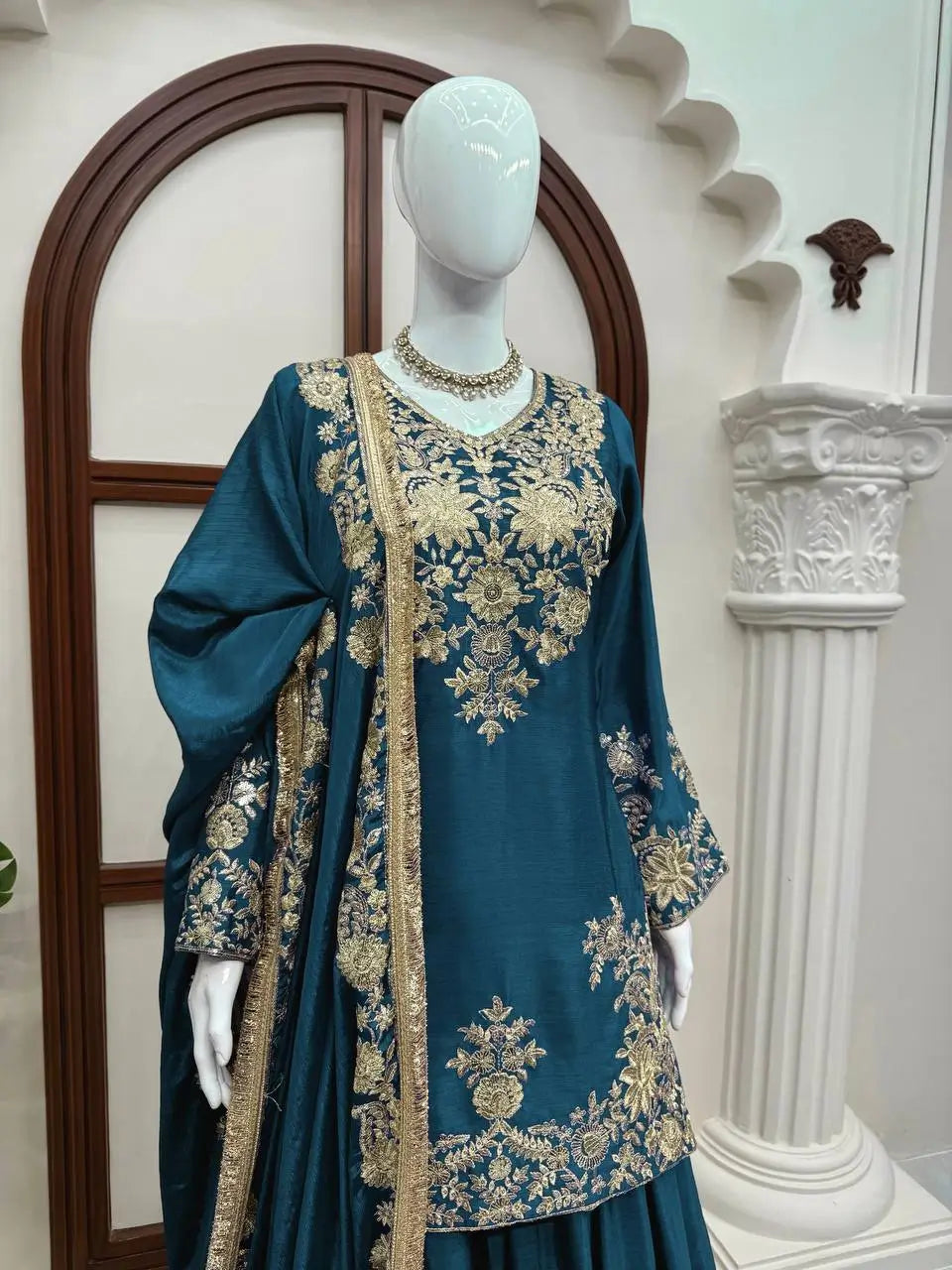Purple-Pink Chinon Silk Kurta Palazzo Set with Dupatta