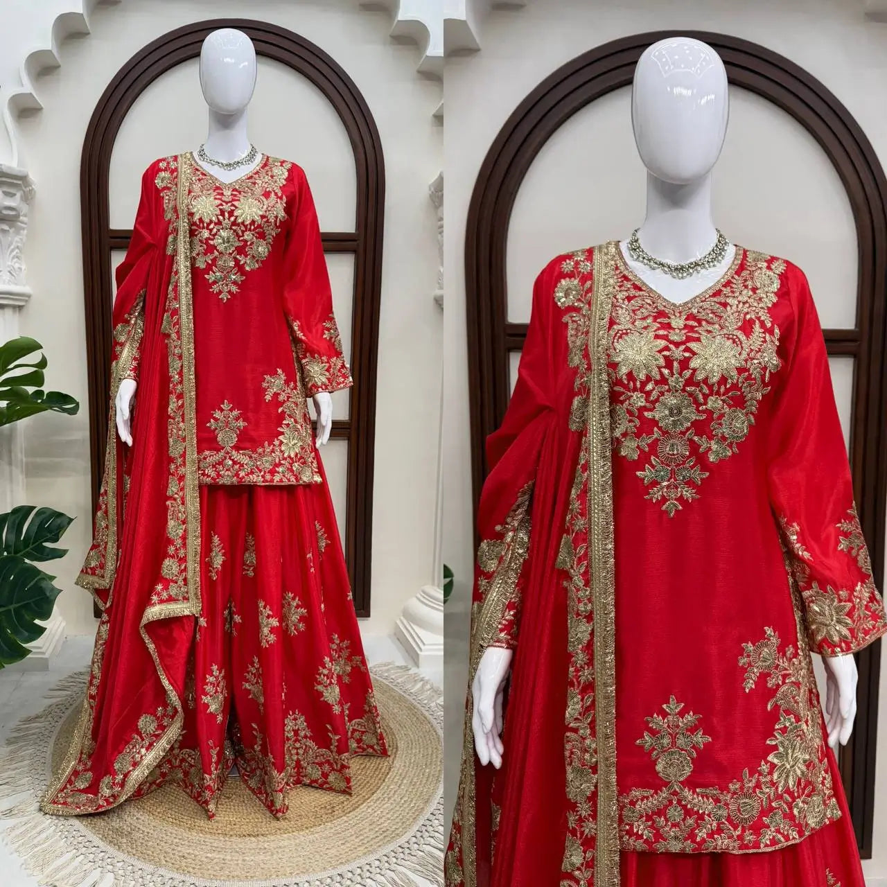 Purple-Pink Chinon Silk Kurta Palazzo Set with Dupatta