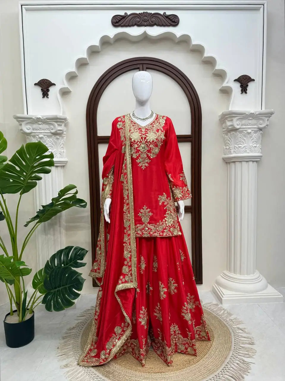 Purple-Pink Chinon Silk Kurta Palazzo Set with Dupatta