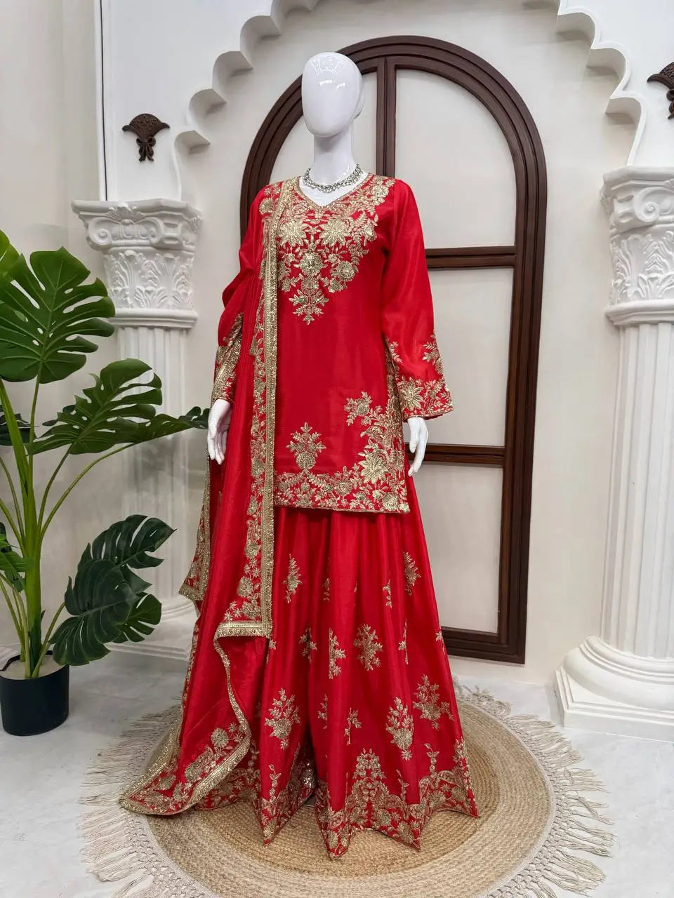 Purple-Pink Chinon Silk Kurta Palazzo Set with Dupatta