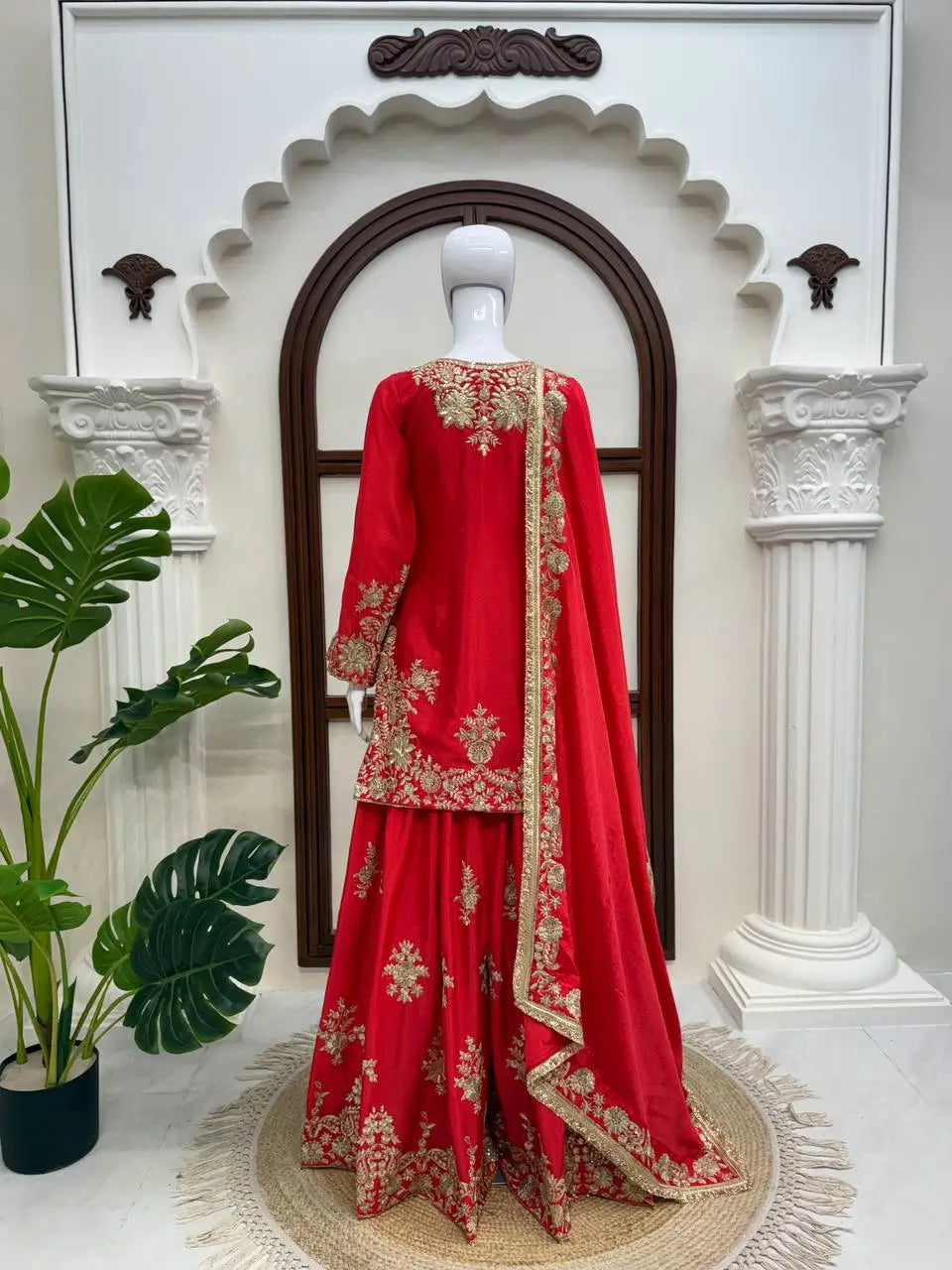 Purple-Pink Chinon Silk Kurta Palazzo Set with Dupatta