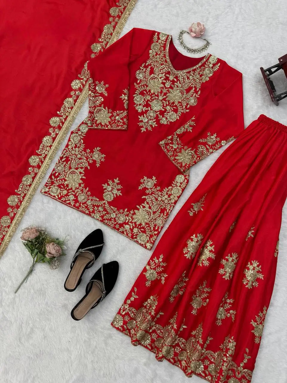 Purple-Pink Chinon Silk Kurta Palazzo Set with Dupatta