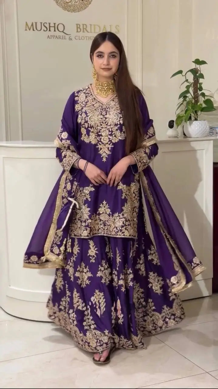 Purple-Pink Chinon Silk Kurta Palazzo Set with Dupatta