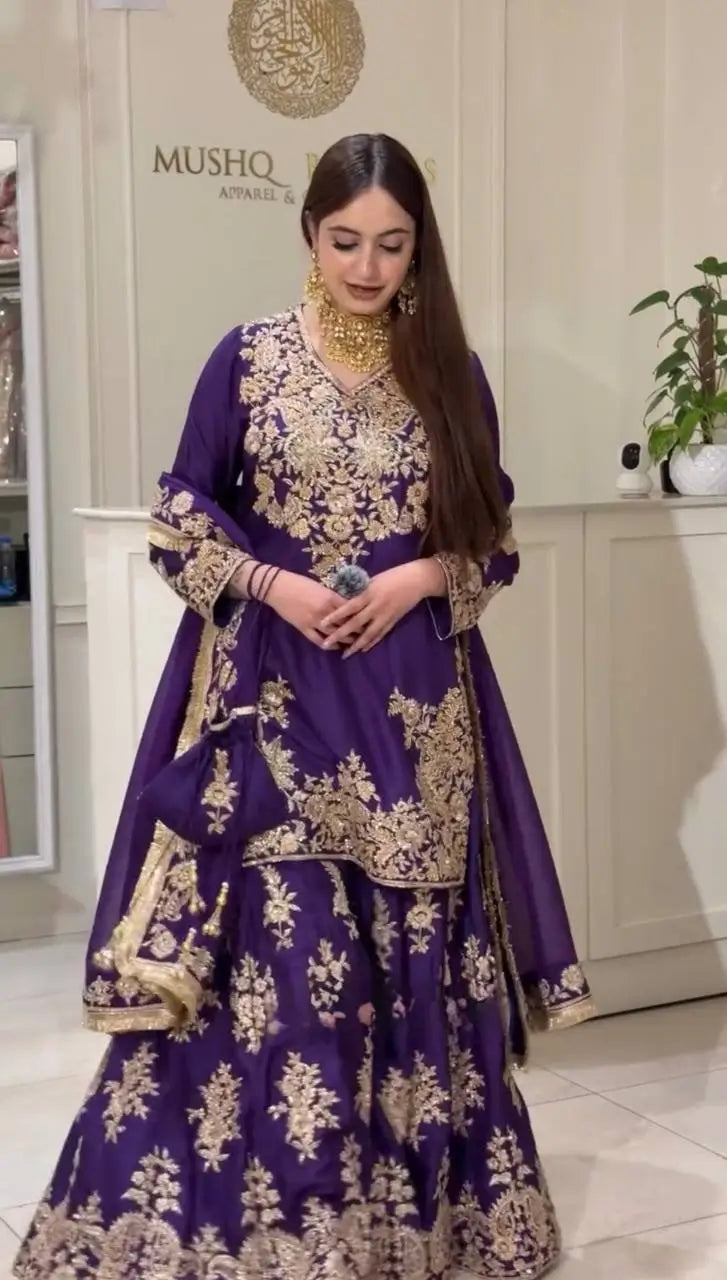 Purple-Pink Chinon Silk Kurta Palazzo Set with Dupatta