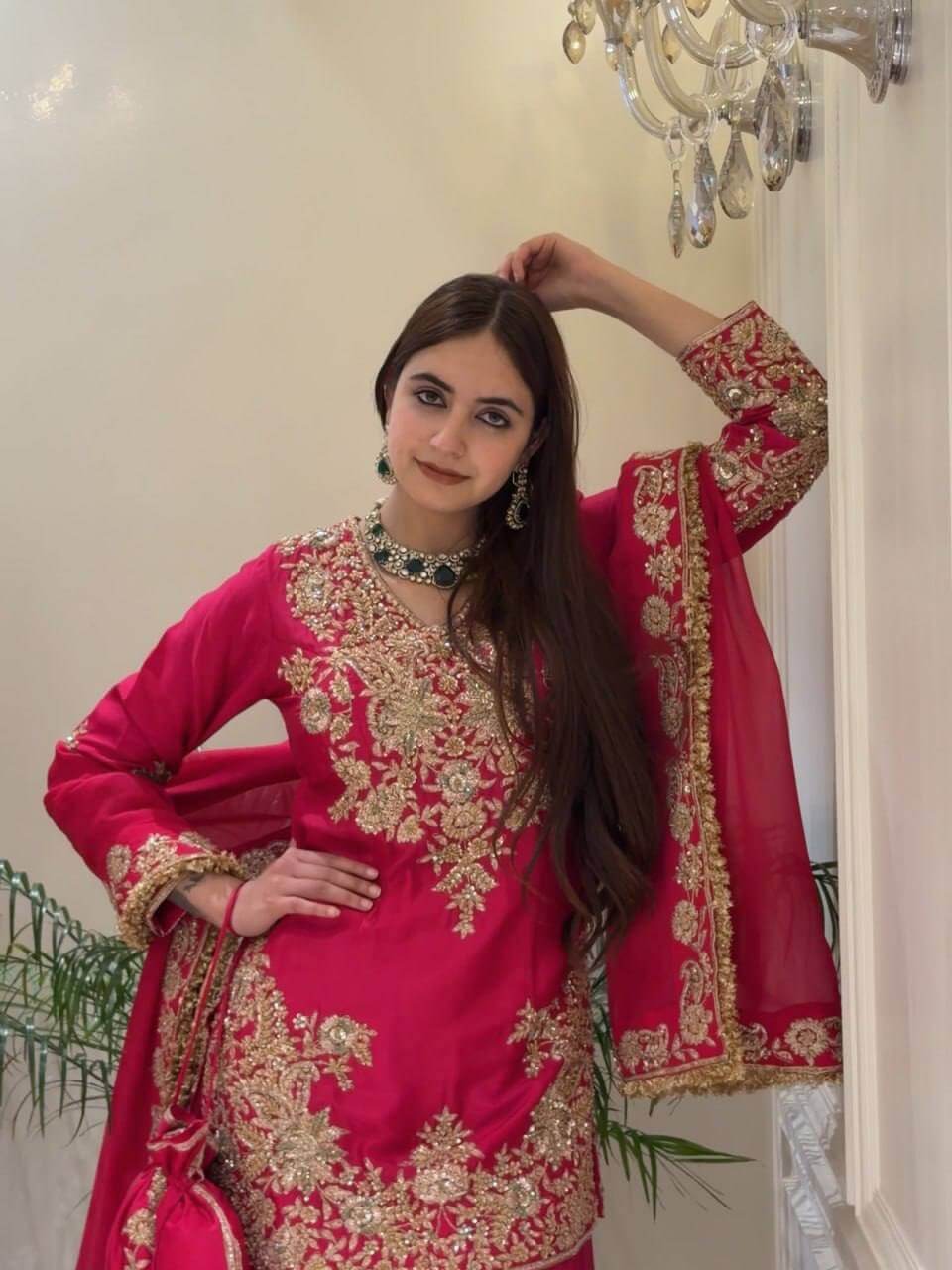 Purple-Pink Chinon Silk Kurta Palazzo Set with Dupatta