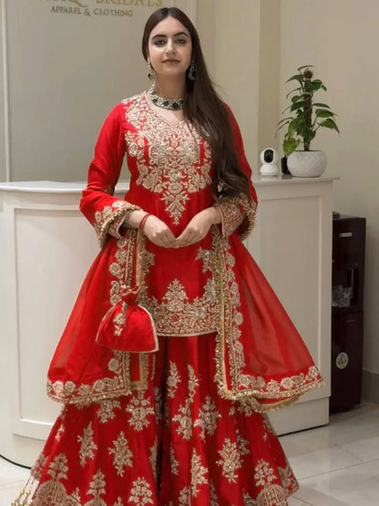 Purple-Pink Chinon Silk Kurta Palazzo Set with Dupatta