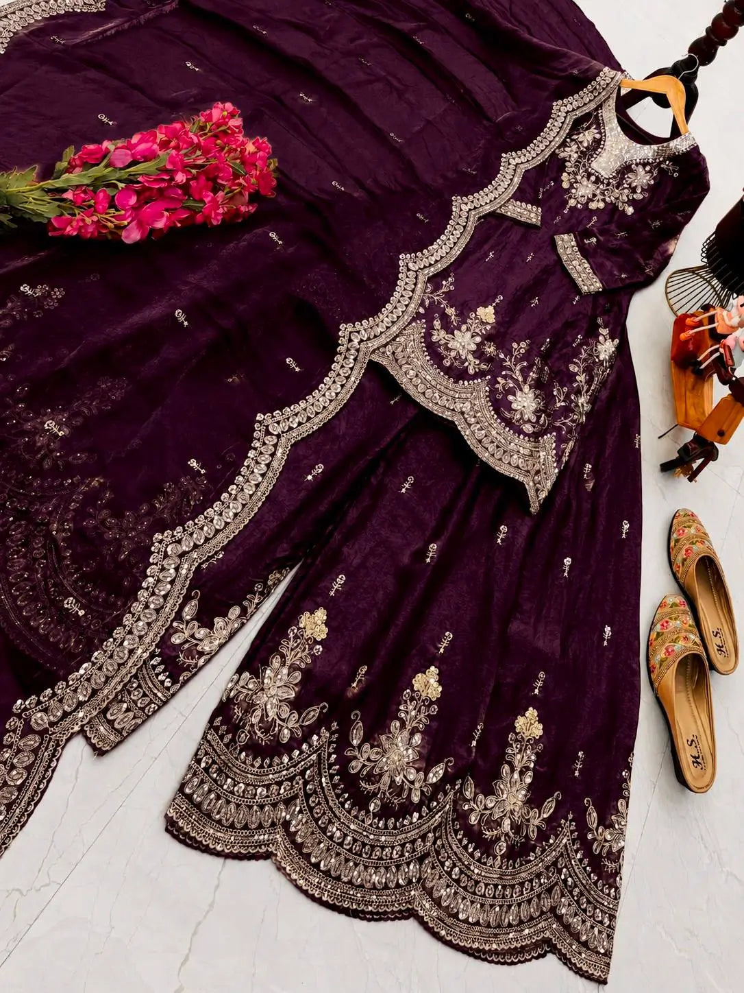 Purple Shimmer Satin Sharara Set with Dupatta
