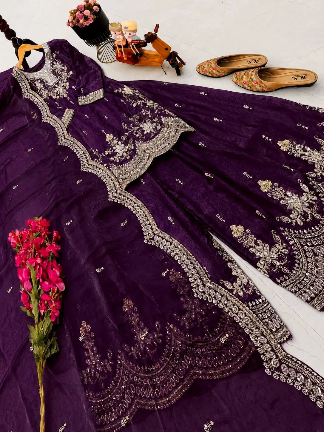 Purple Shimmer Satin Sharara Set with Dupatta