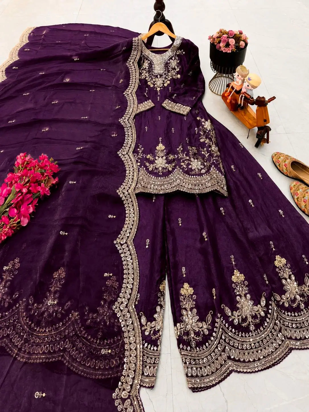 Purple Shimmer Satin Sharara Set with Dupatta