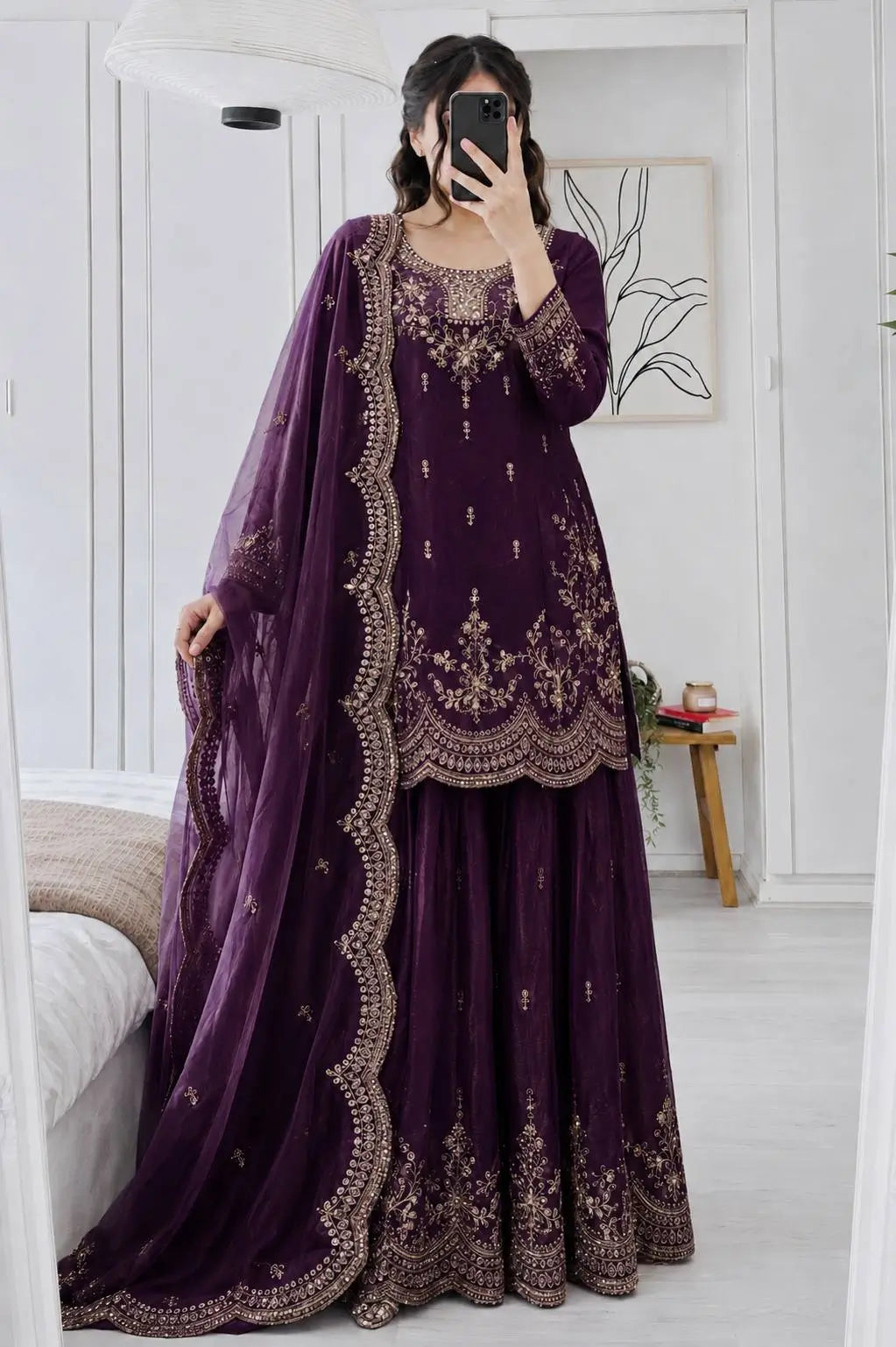 Purple Shimmer Satin Sharara Set with Dupatta