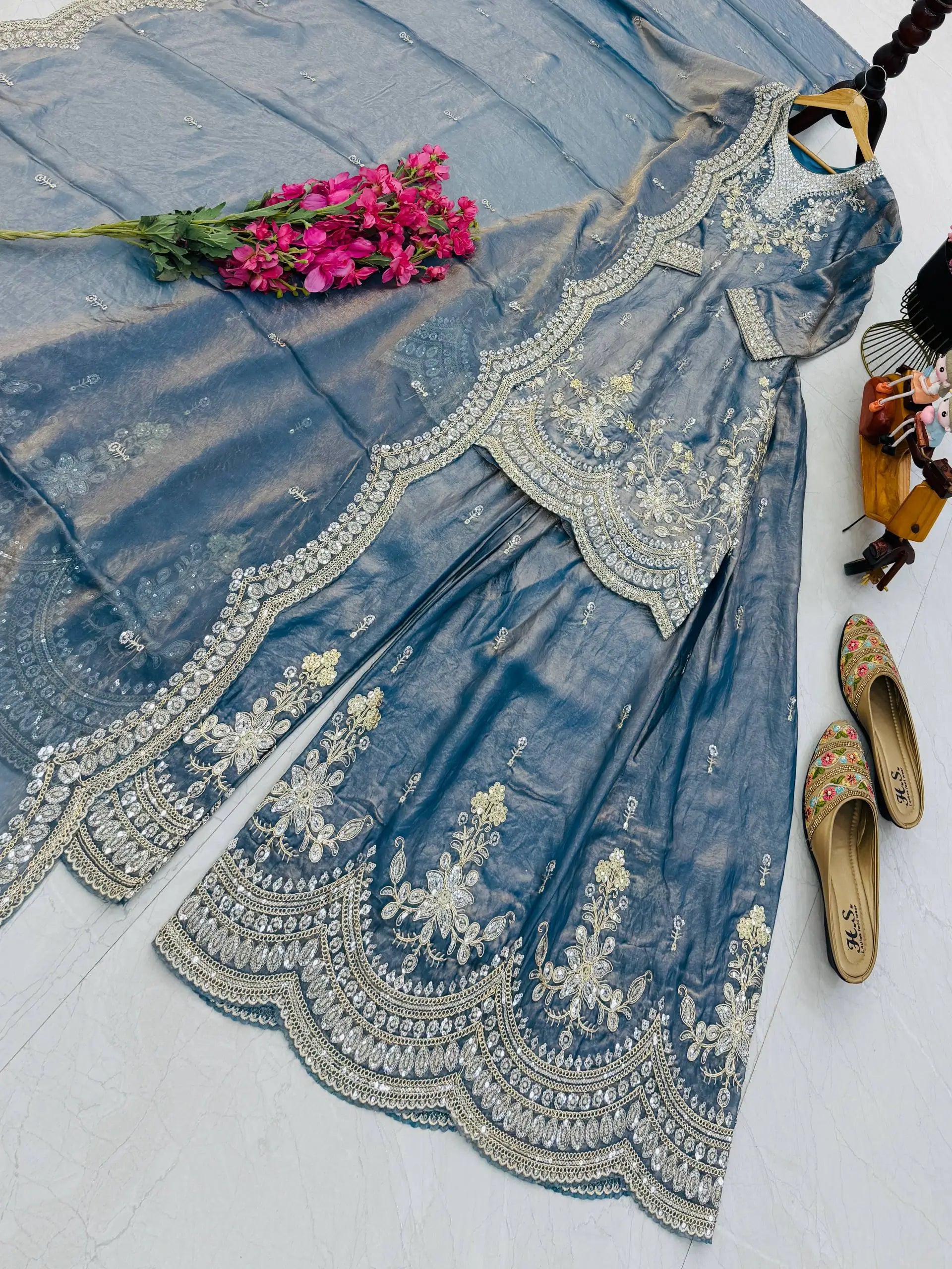 Purple Shimmer Satin Sharara Set with Dupatta