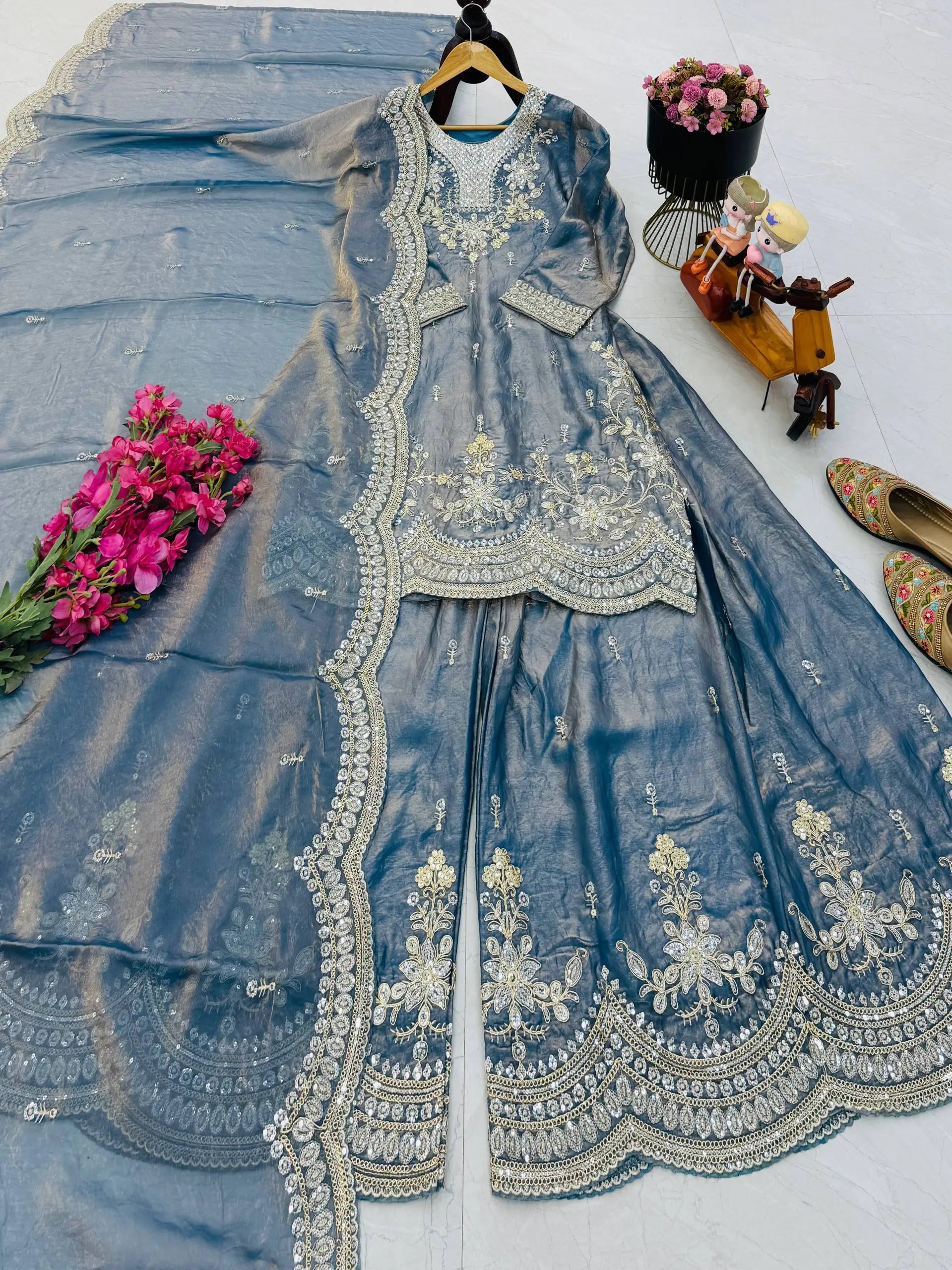 Purple Shimmer Satin Sharara Set with Dupatta